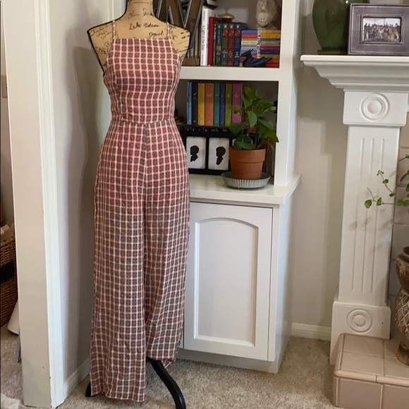 Finders Keepers Pants - Green pink plaid jumpsuit w/ open strappy back
